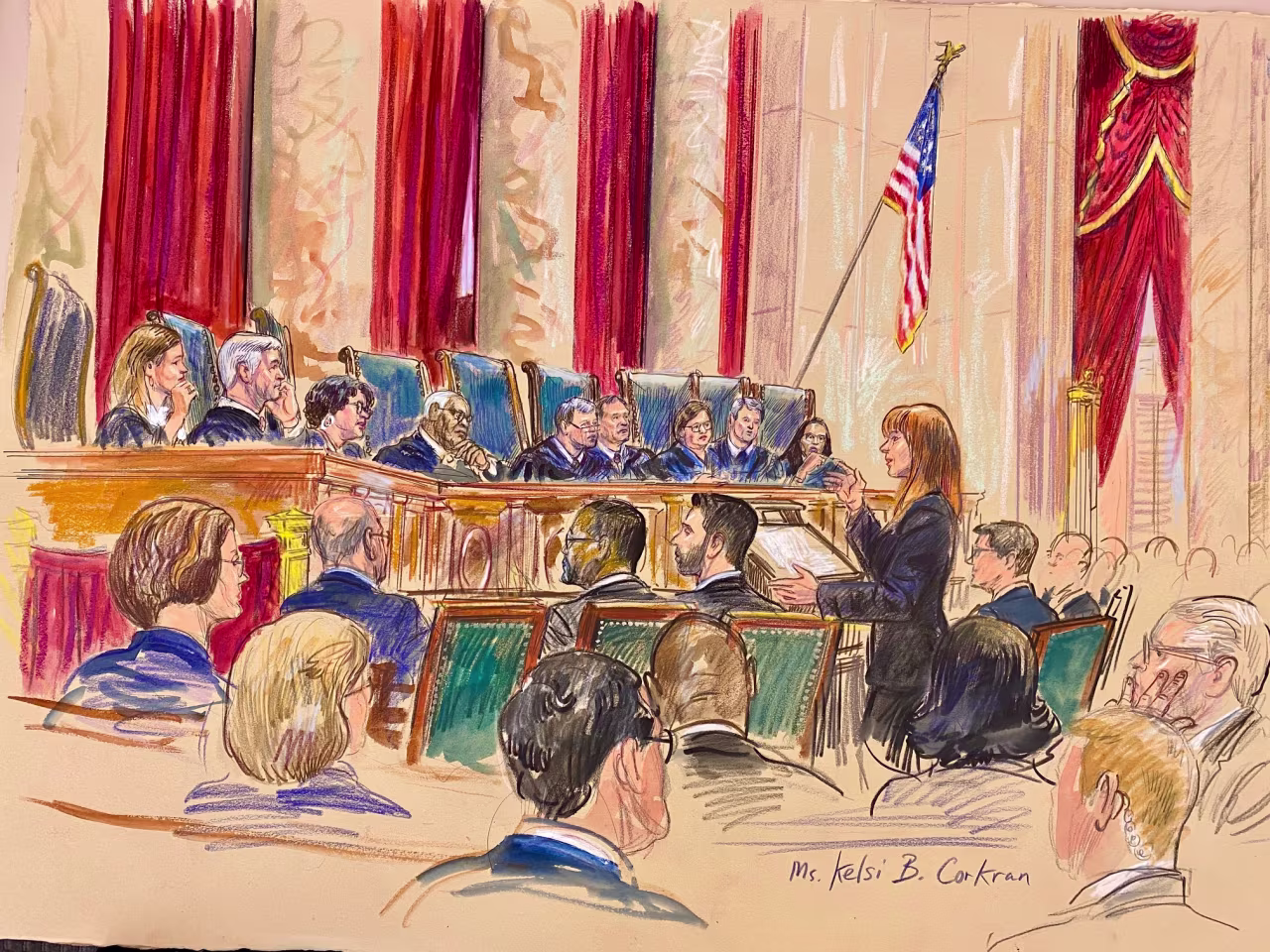 This sketch from court shows Kelsi Corkran, who is representing individuals and immigration advocacy groups, speaking to the US Supreme Court on May 15, 2025, during oral arguments in a case about the enforcement of President Donald Trump's birthright citizenship order.