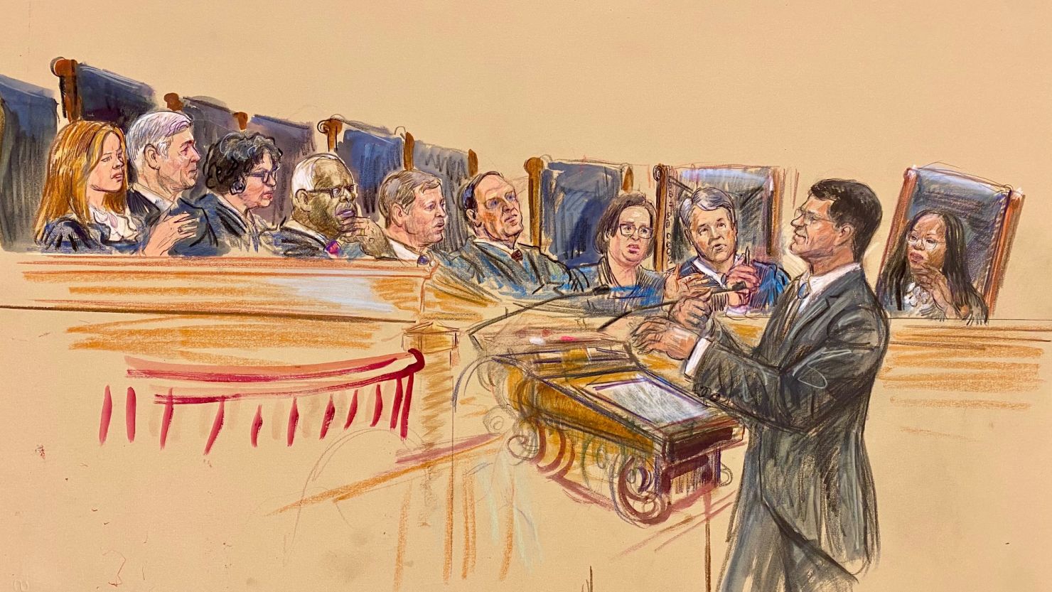 This sketch from court shows D. John Sauer, the Solicitor General of the United States, speaking to the US Supreme Court on May 15, 2025, during oral arguments in a case about the enforcement of President Donald Trump's birthright citizenship order.