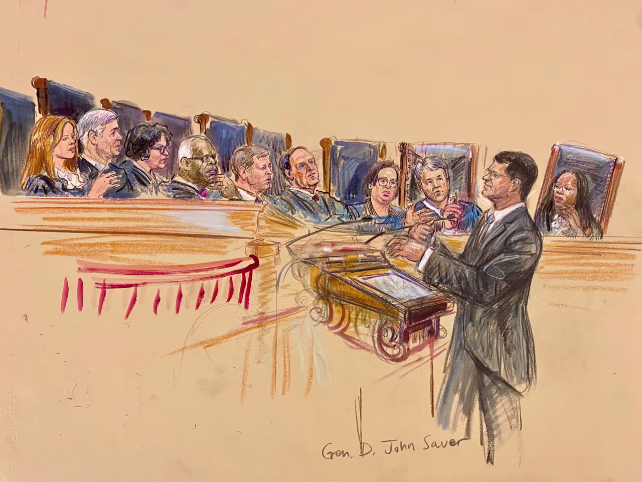 This sketch from court shows D. John Sauer, the Solicitor General of the United States, speaking to the US Supreme Court on May 15, 2025, during oral arguments in a case about the enforcement of President Donald Trump's birthright citizenship order.
