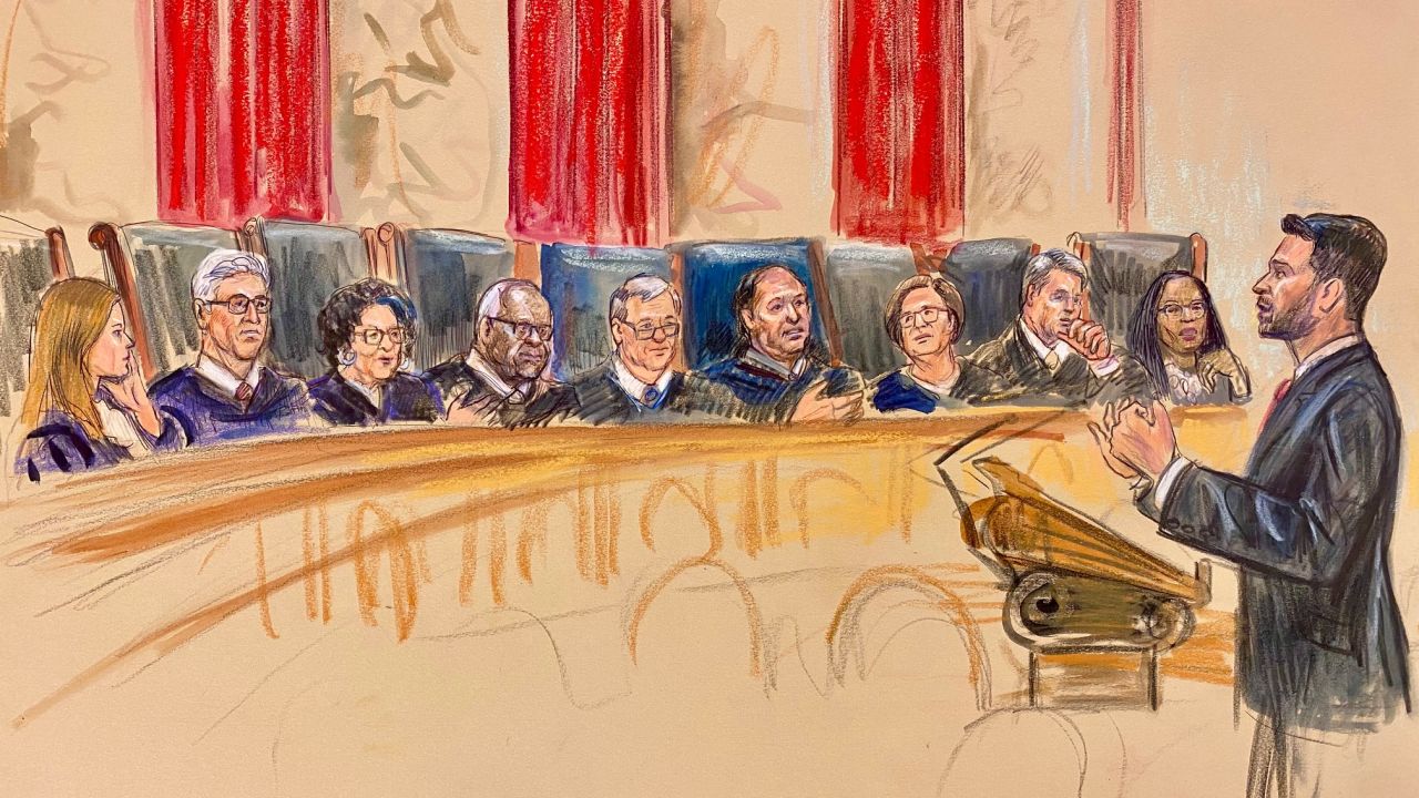 This sketch from court shows Jeremy Feigenbaum, the soliciter general of New Jersey, speaking to the US Supreme Court on May 15, 2025, during oral arguments in a case about the enforcement of President Donald Trump's birthright citizenship order. 