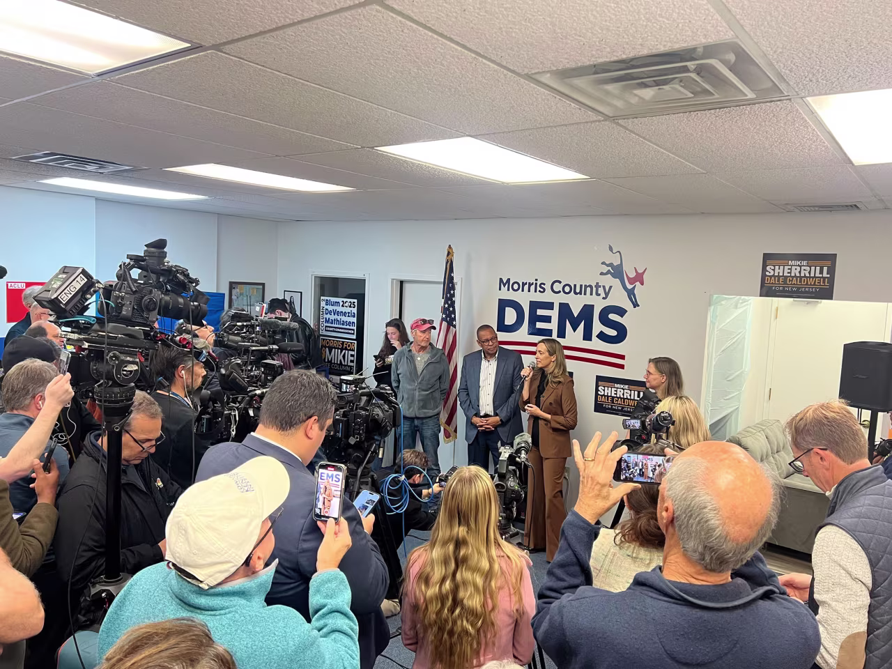 Mikie Sherrill, Democratic candidate for New Jersey governor, holds a rally at a Morris County Democratic Committee office in Morristown, New Jersey, on Monday.