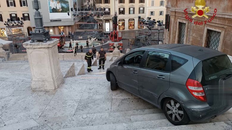This image shared by Vigili del Fuoco, Italy’s fire and rescue service, shows a vehicle after it drove down and got stuck on Rome’s Spanish Steps, on Tuesday, June 17, 2025.