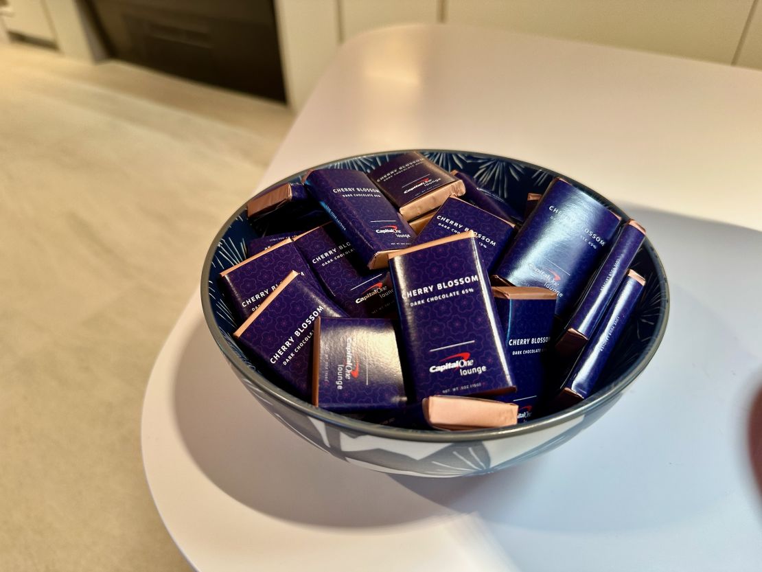 A photo of a bowl of mini chocolate bars at the Capital One Lounge in Washington Dulles International Airport (IAD)