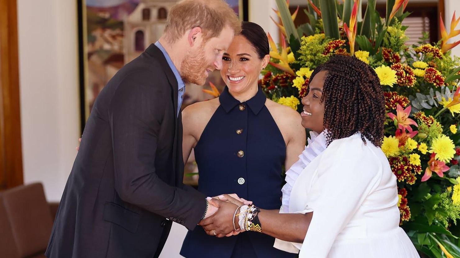 Prince Harry and Meghan, Duchess of Sussex are welcomed to Colombia by Vice President Francia Márquez at her residence on Thursday.