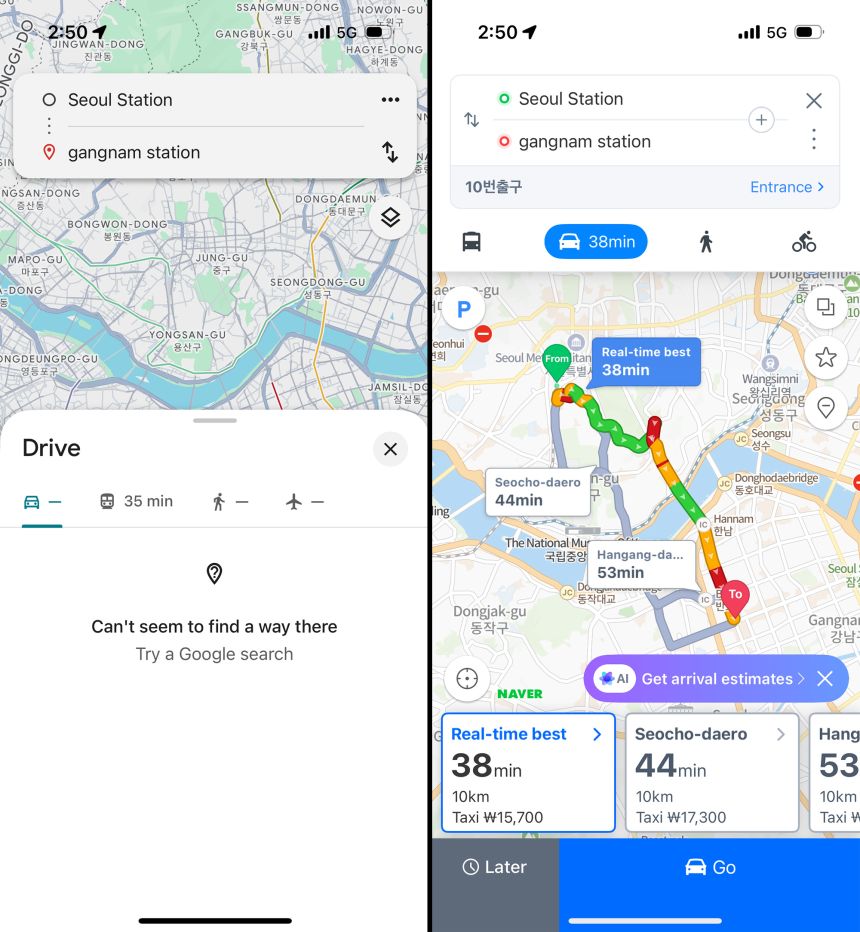 Google Maps (left) doesn't provide walking or driving instructions in South Korea, compared to the instructions available in the South Korean app Naver Map (right).