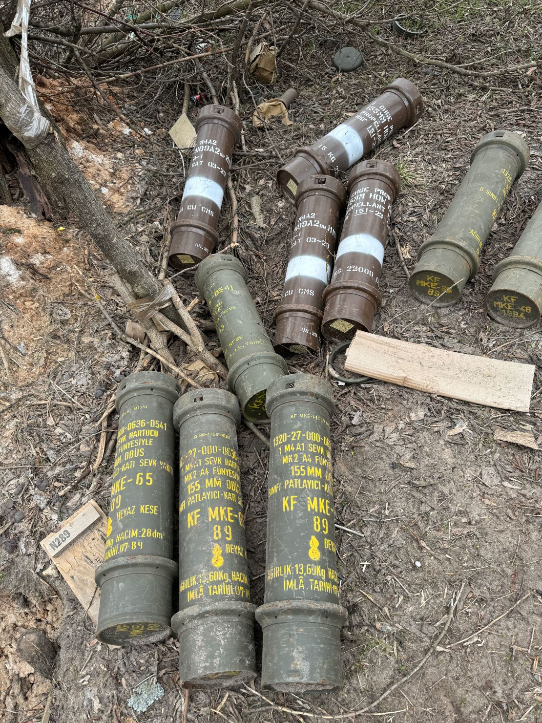 Ammunition canisters at a Ukrainian position along the frontline in eastern Ukraine.