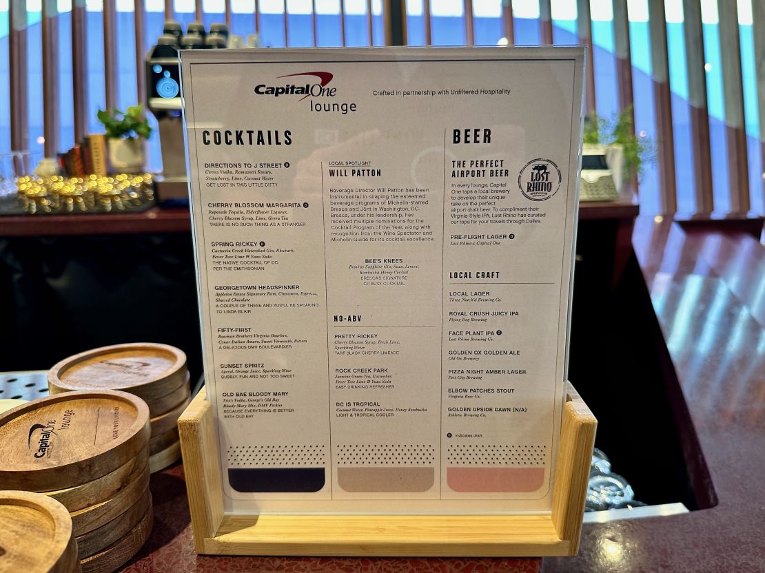 A photo of the bar menu at the Capital One Lounge at Washington Dulles International Airport (IAD)