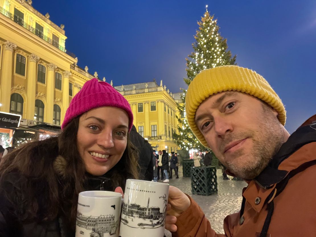 Kate McCulley and her husband, Charlie Neville, soak up the atmosphere at the Christmas market in Vienna, Austria.