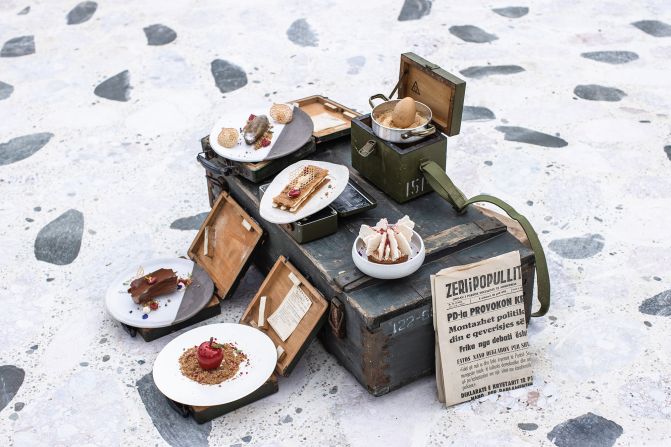 <strong>Military meals: </strong>The restaurant presents fine dining with a retro military theme, using aluminum canteen cups, and trays and pans from army field kits to serve dishes of duck, pasta and <em>flija</em>, a traditional Albanian dish consisting of countless layers of crepes, typically made slowly over a wooden fire.