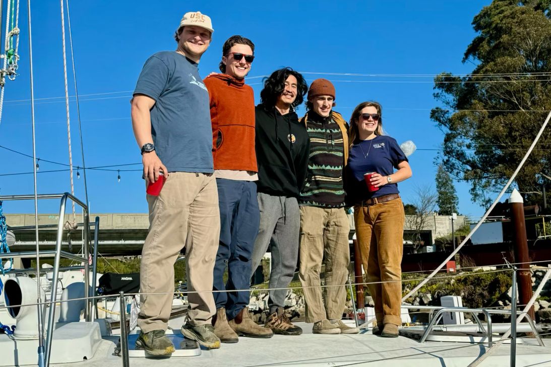 Ted Lewitt, Jack Elliott, Andrew Huang, Pat Sabin and Lauren Sanders (left to right) in January 2025 at the Santa Cruz boatyard. They were strategic about planning their mini retirement.