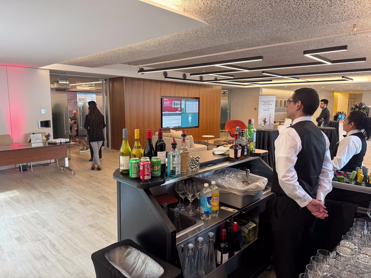 A reception area at the ispace livestream event is empty, as attendees await confirmation on the status of the Resilience lunar lander, in Washington on Thursday.