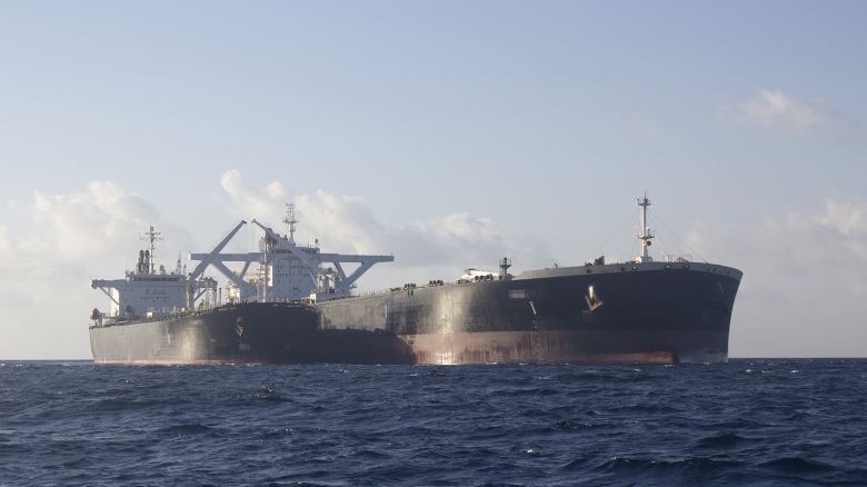 Two dark fleet oil tankers engaged in a possible ship-to-ship transfer of Russian crude oil in the Laconian Gulf in early February. <strong><em>CNN has added blur to this image to protect identities of the ships.</em></strong>