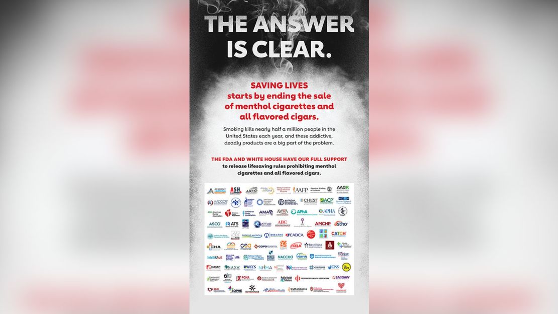 An ad supporting a ban on the sale of menthol cigarettes and flavored cigars.