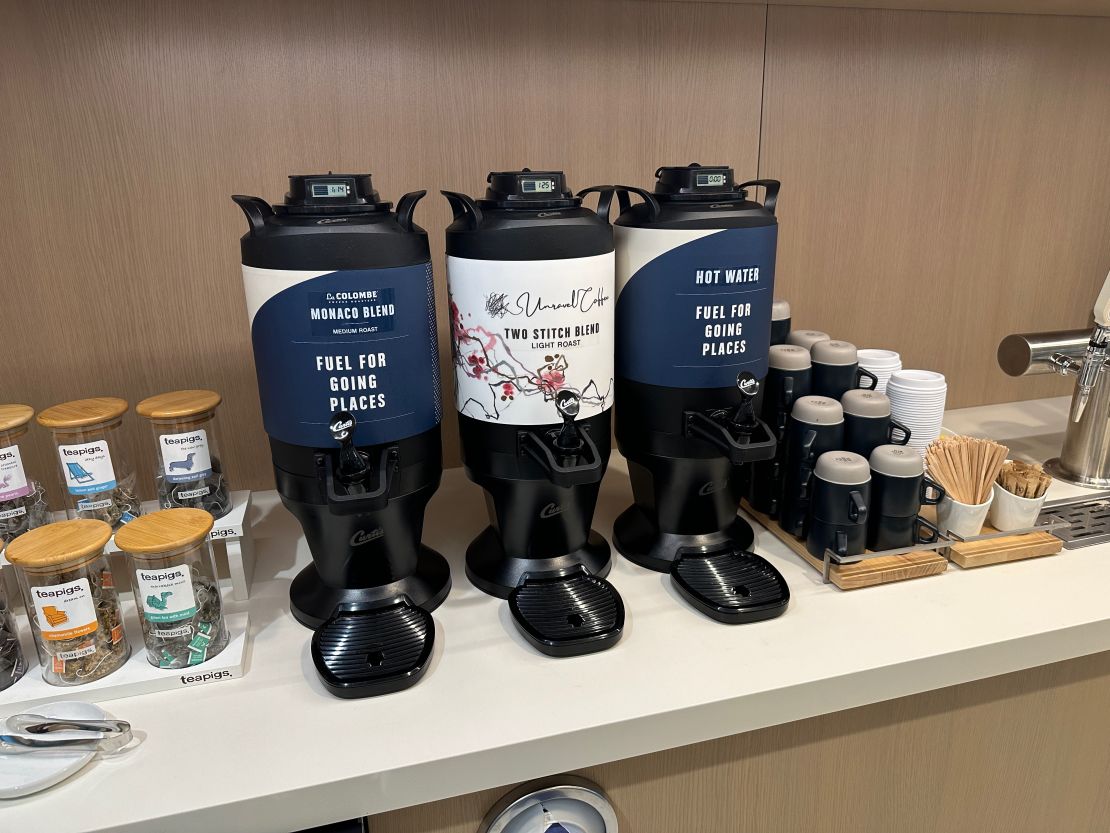 A photo of drip coffee dispensers at the Capital One Lounge in Denver