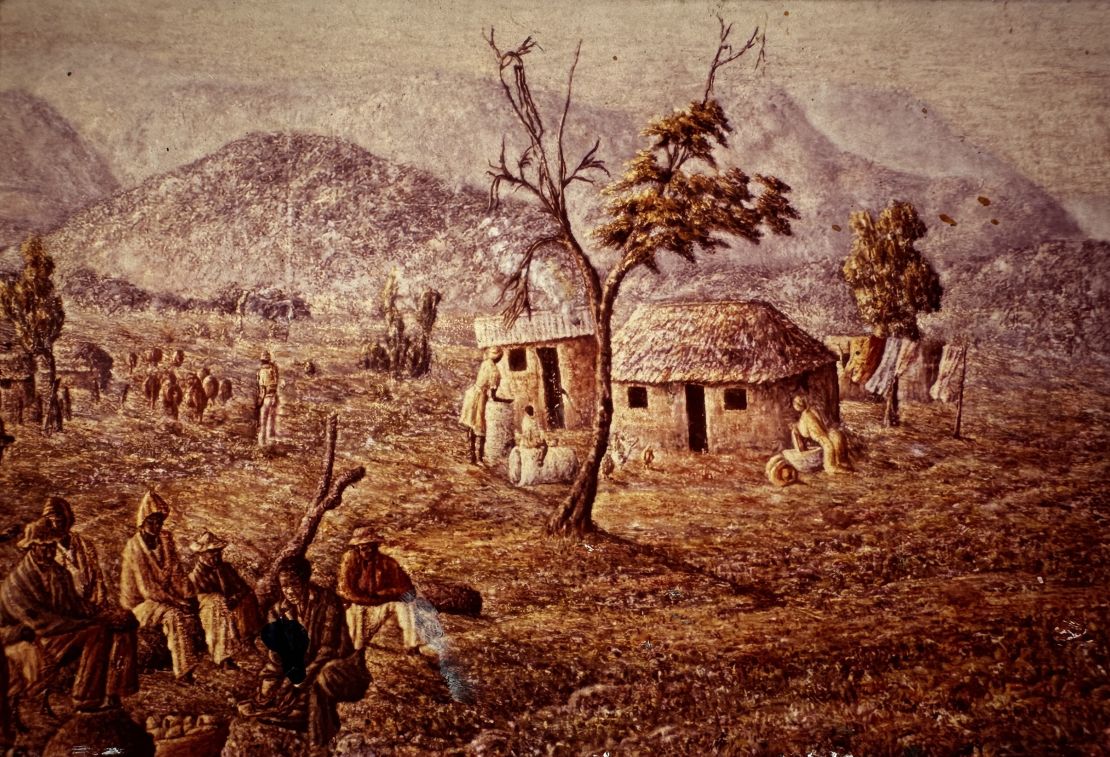 One of artist Mmakgabo Helen Sebidi's early works, which often depict traditional, rural scenes of a time before European colonization came to the African continent.