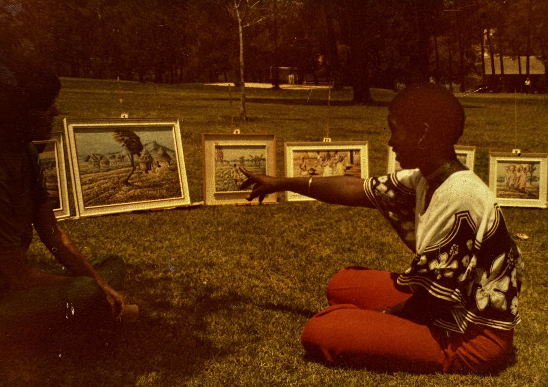 Mmakgabo Helen Sebidi displays some of her early works as part of the "Art in the park" program in Johannesburg, South Africa in the 1970s.