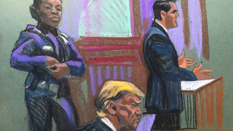 In this court sketch, former US President Donald Trump sits while his lawyer Todd Blanche, right, speaks during the second day of jury selection in his hush money criminal trial in Manhattan Criminal Court in New York on Tuesday, April 16, 2024. (Christine Cornell/Pool/CNN)