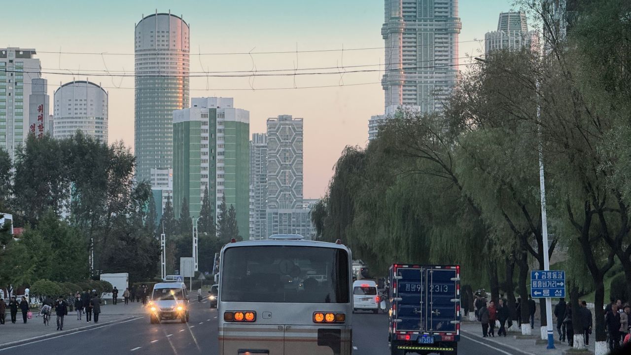 Traffic and high-rise buildings in Pyongyang
