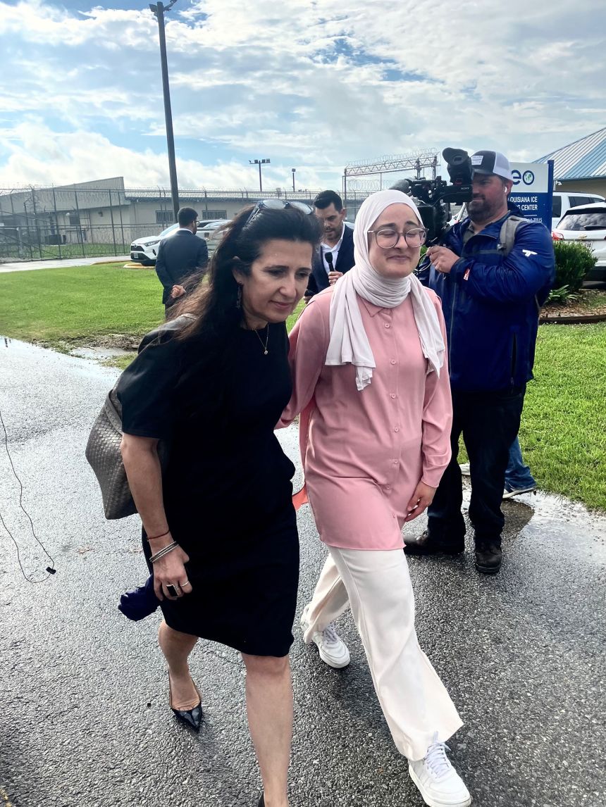 Photos show Tufts University student Rümeysa Öztürk outside a detention center in Basile, Louisiana, on Friday, where she had been detained for more than six weeks.