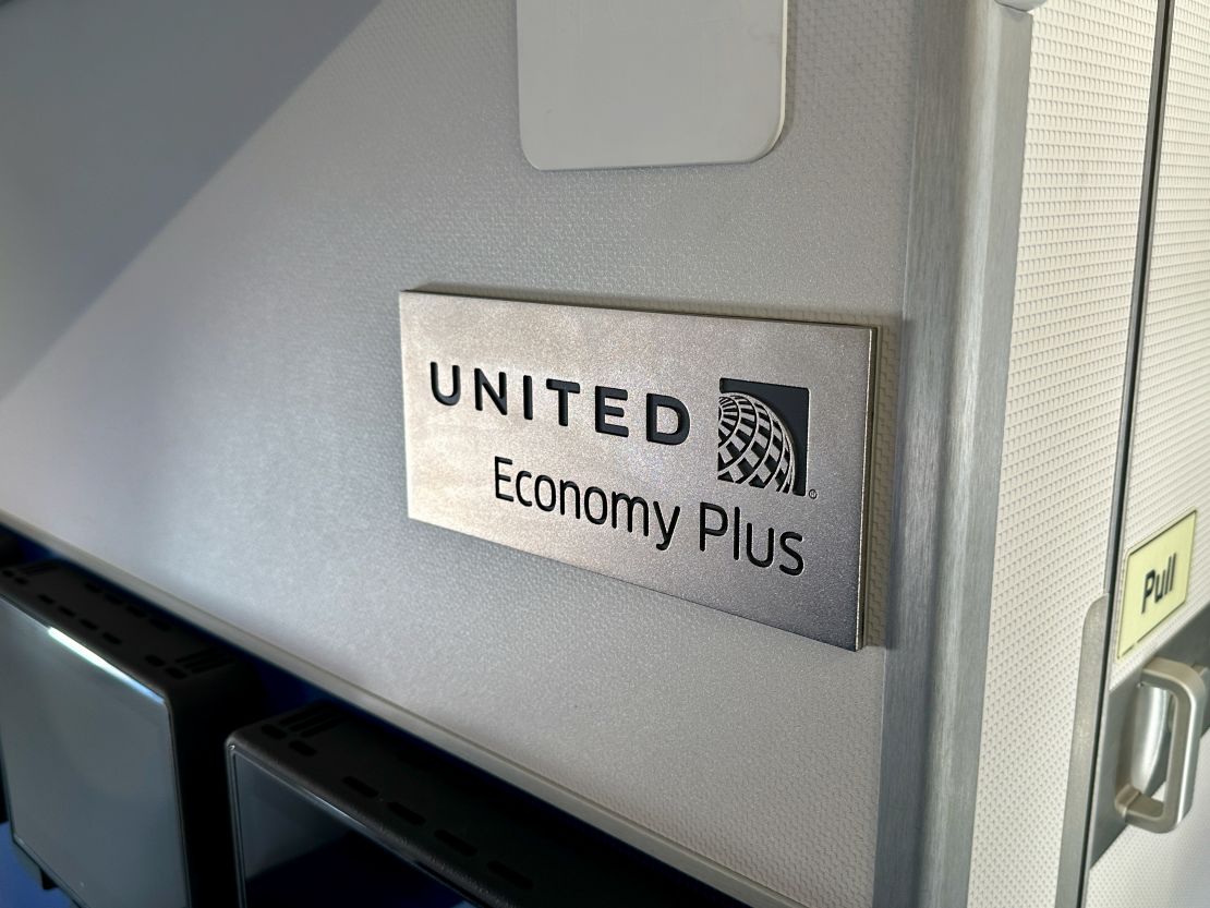 A photo of a United Economy Plus sign on the airline's Airbus A321neo