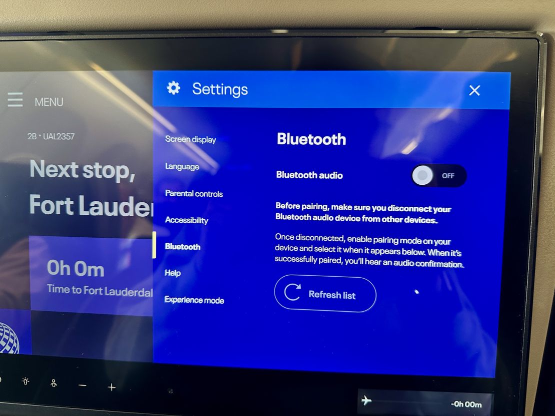 A photo of the Bluetooth audio setup screen on United's Airbus A321neo in-flight entertainment screen