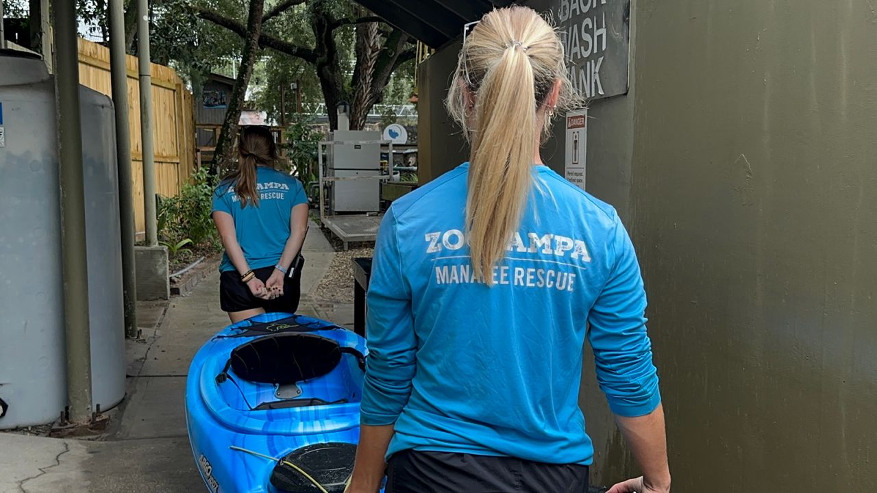 Team members work at ZooTampa in preparation for the potential impact of Hurricane Milton, in Tampa, Florida.