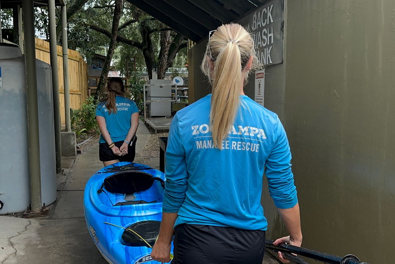 Team members work at ZooTampa in preparation for the potential impact of Hurricane Milton, in Tampa, Florida.