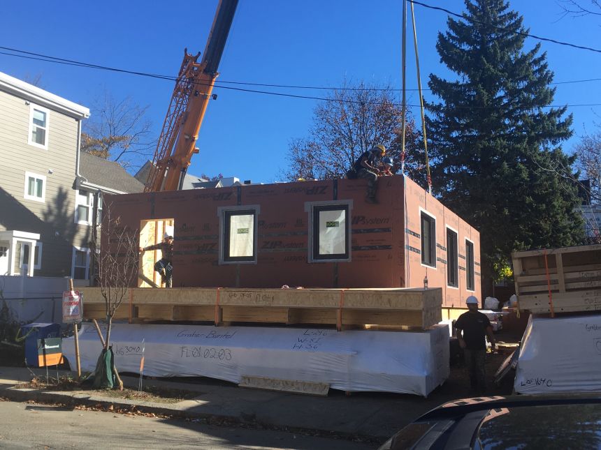 Tim Buntel and Cynthia Graber's Somerville home under construction. The house was built in a matter of days.