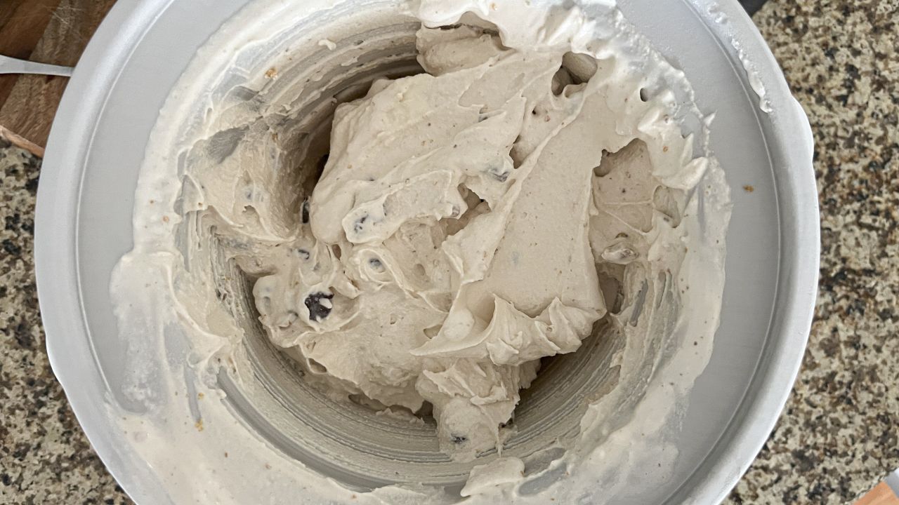 Fresh ice cream just churned in the bowl of the KitchenAid ice cream maker attachment.