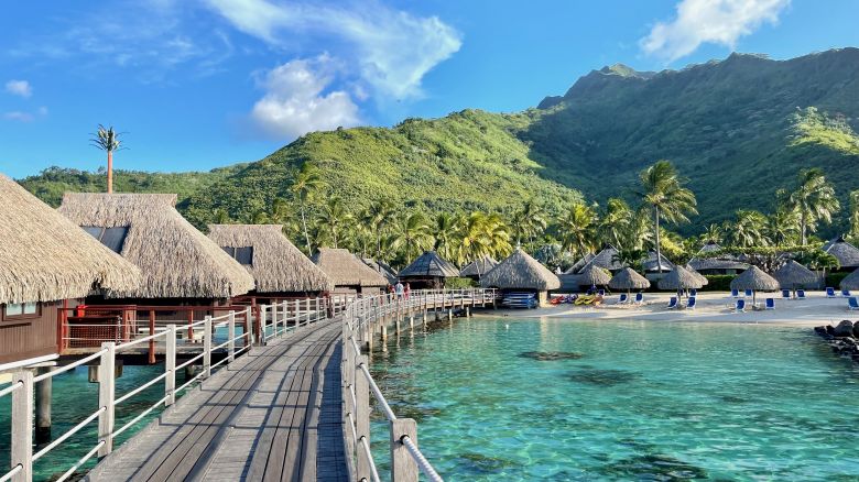 A view of a boardwalk in the Hilton Moorea in French Polynesia.