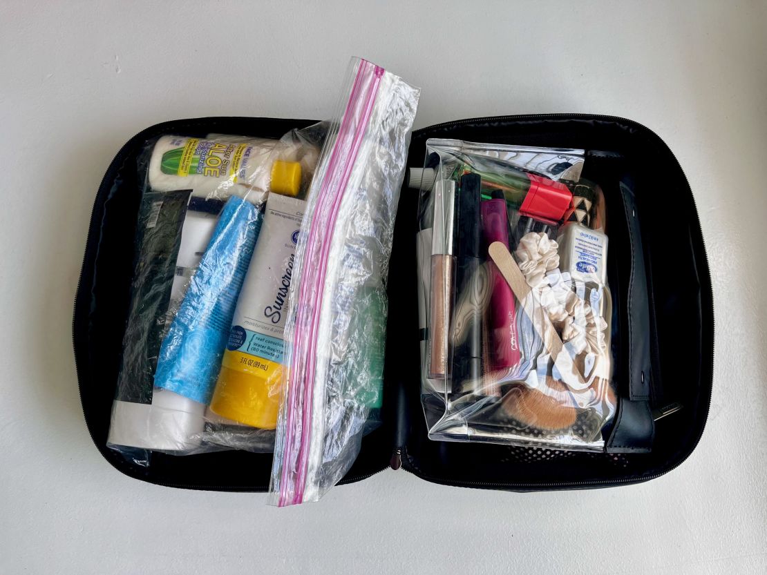 A photo of the inside of the Away Hanging Toiletry Bag with items inside