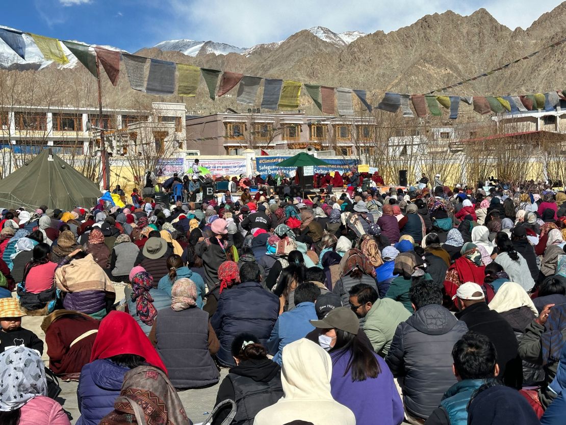 Protesters gather in Leh to join and support a hunger strike calling for attention to environmental threats and more rights and protections for the territory.