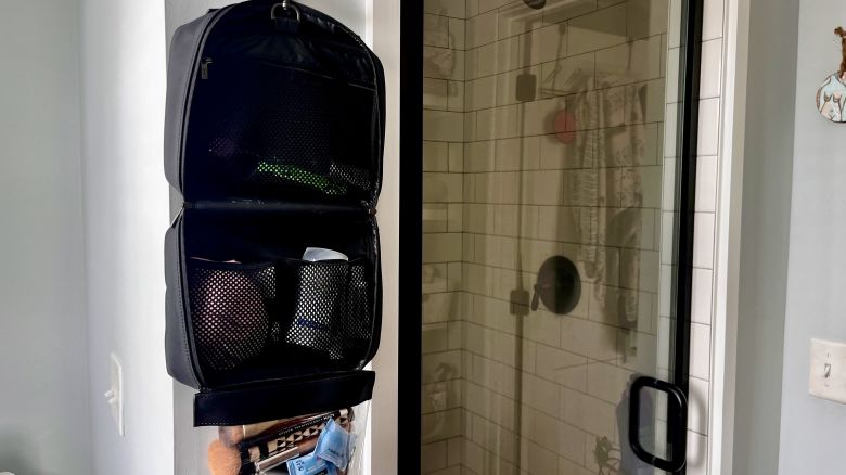 A photo of the Away Hanging Toiletry bag in an open position 