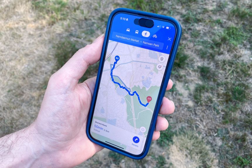 A phone with the Kakao Map app displaying directions, on August 25, 2025.