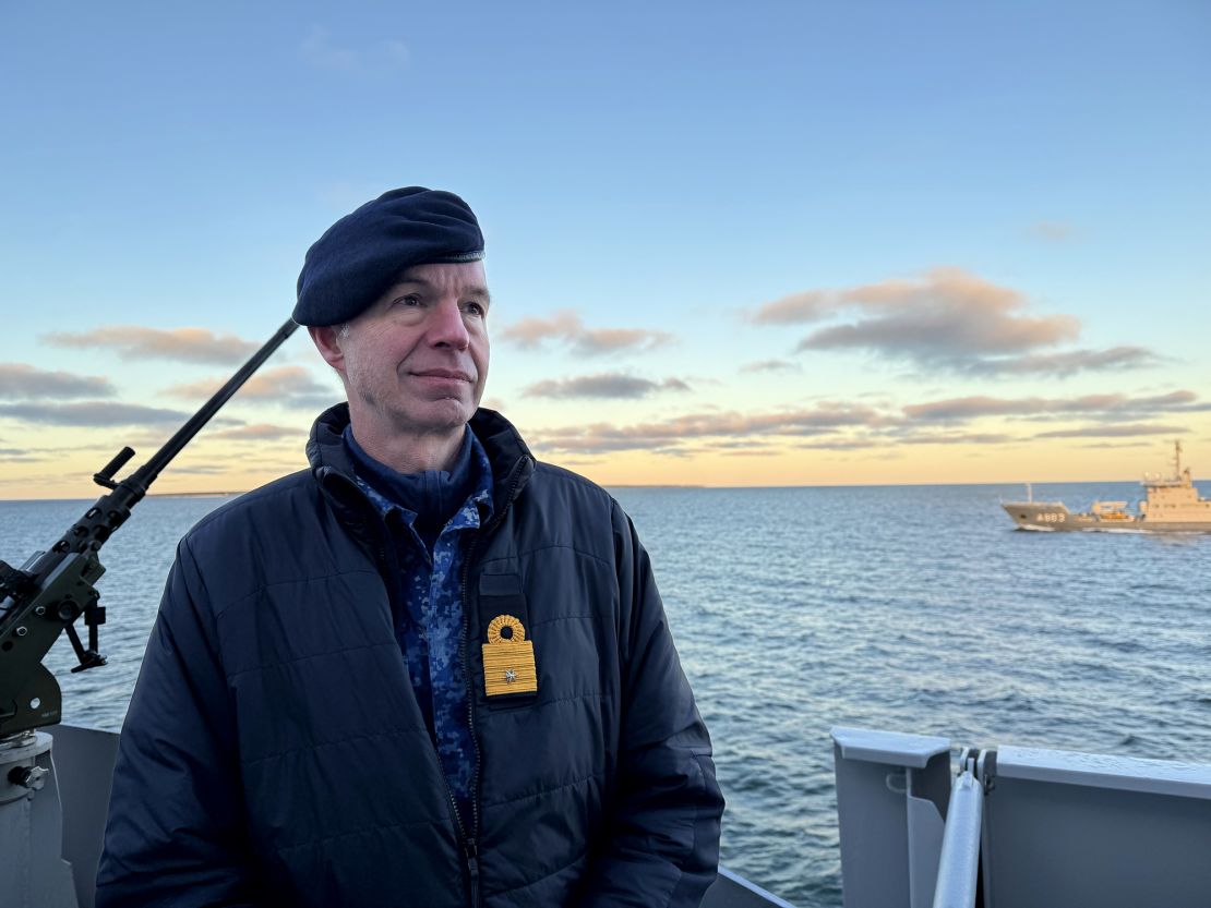 The Dutch head of the NATO marine group assigned to protect the Baltic Sea’s seabed infrastructure, Commodore Arjen S. Warnaar, on board the Dutch frigate HNLMS Tromp.