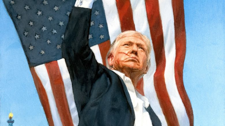 A Kremlin-commissioned artwork shows Trump raising his fist on stage after the failed assassination attempt at his Butler, Pennsylvania rally in July 2024, is the work of Nikas Safronov.