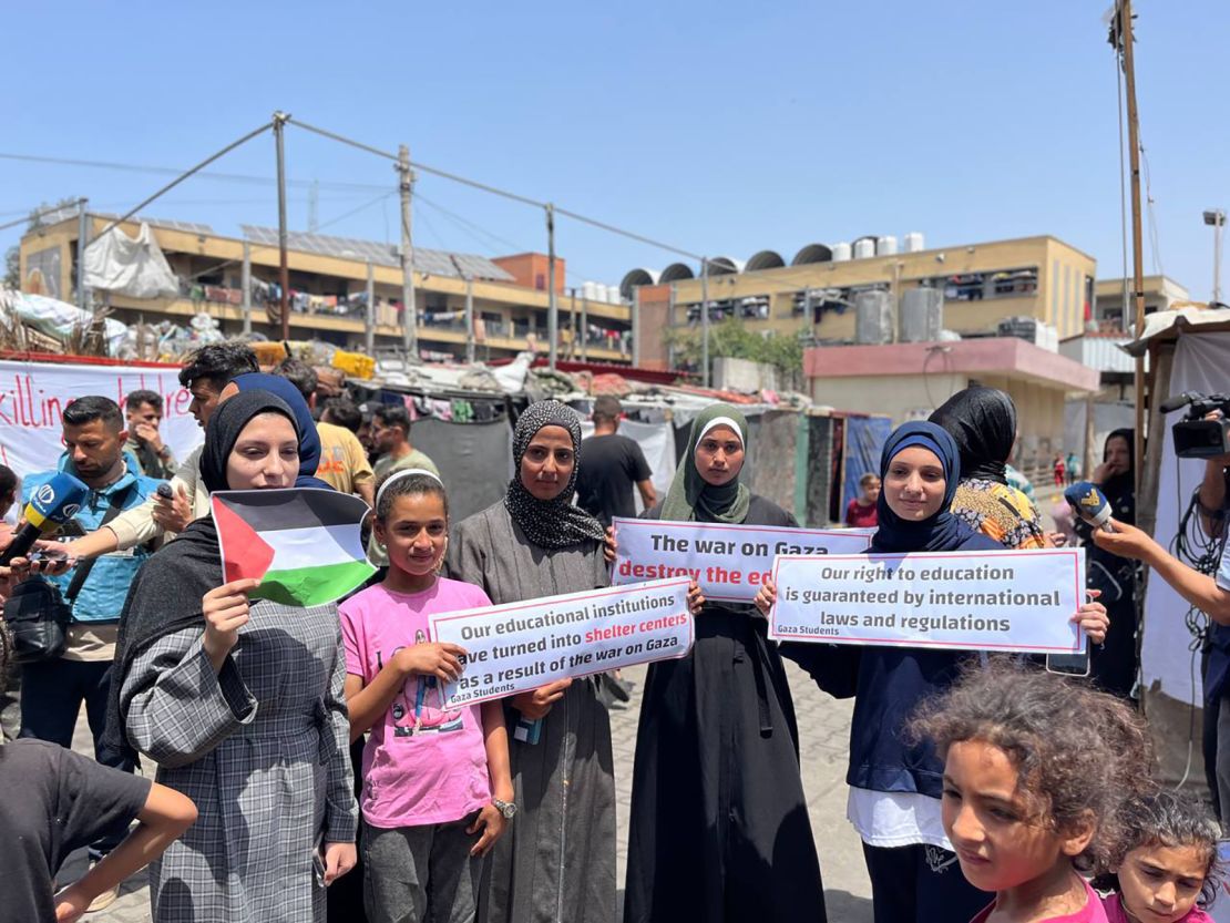 Palestinians at a demonstration in Rafah, Gaza, on April 28, 2024.