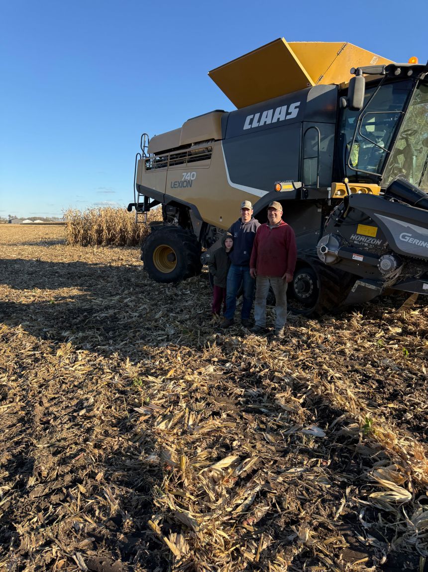 Three generations of the current Benike farmers in Elgin, Minnesota. Left to right: Christian Benike (7th generation), Jake Benike (6th generation) and Gary Benike (5th generation) in October 2025.