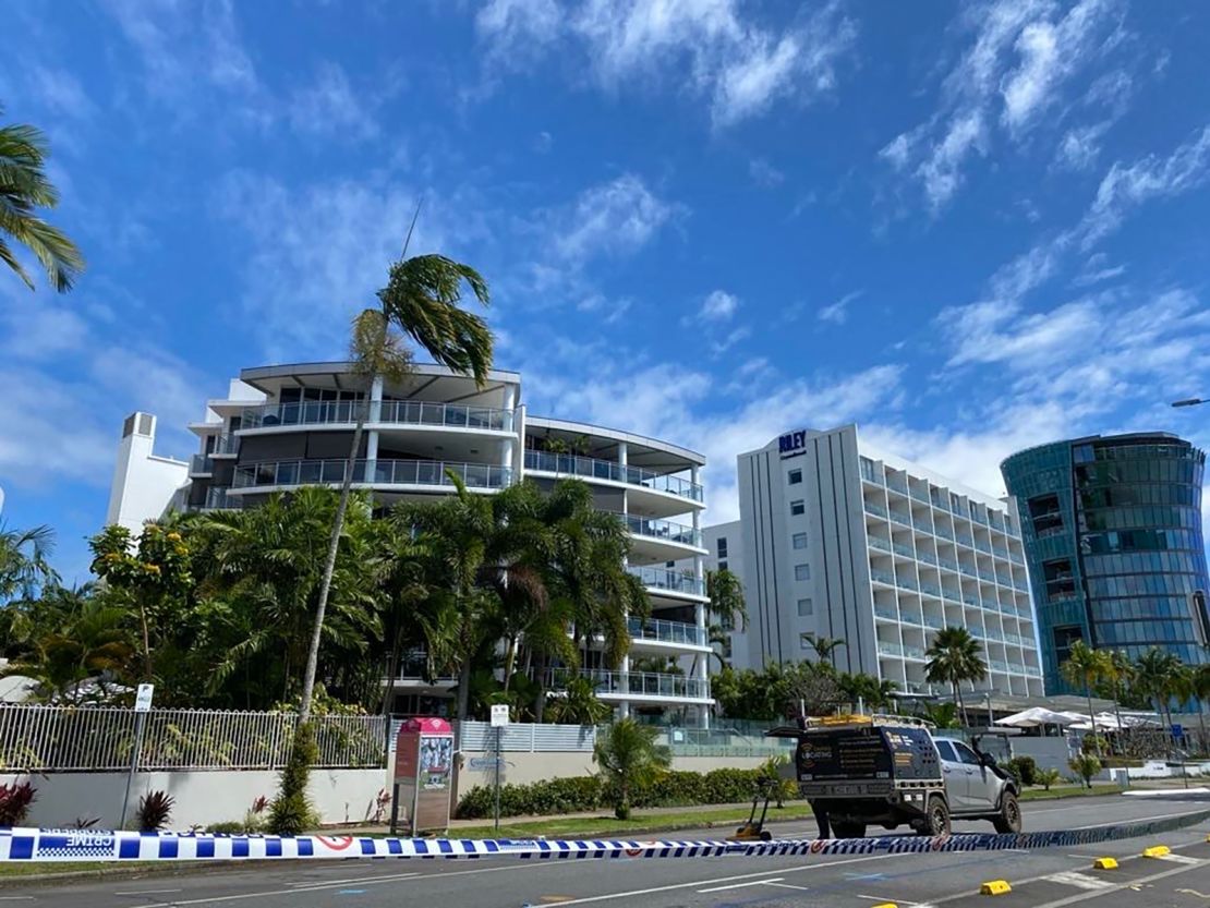 Police tape near the DoubleTree by Hilton hotel after a?helicopter?crashed into its roof, in Cairns, on August 12, 2024.