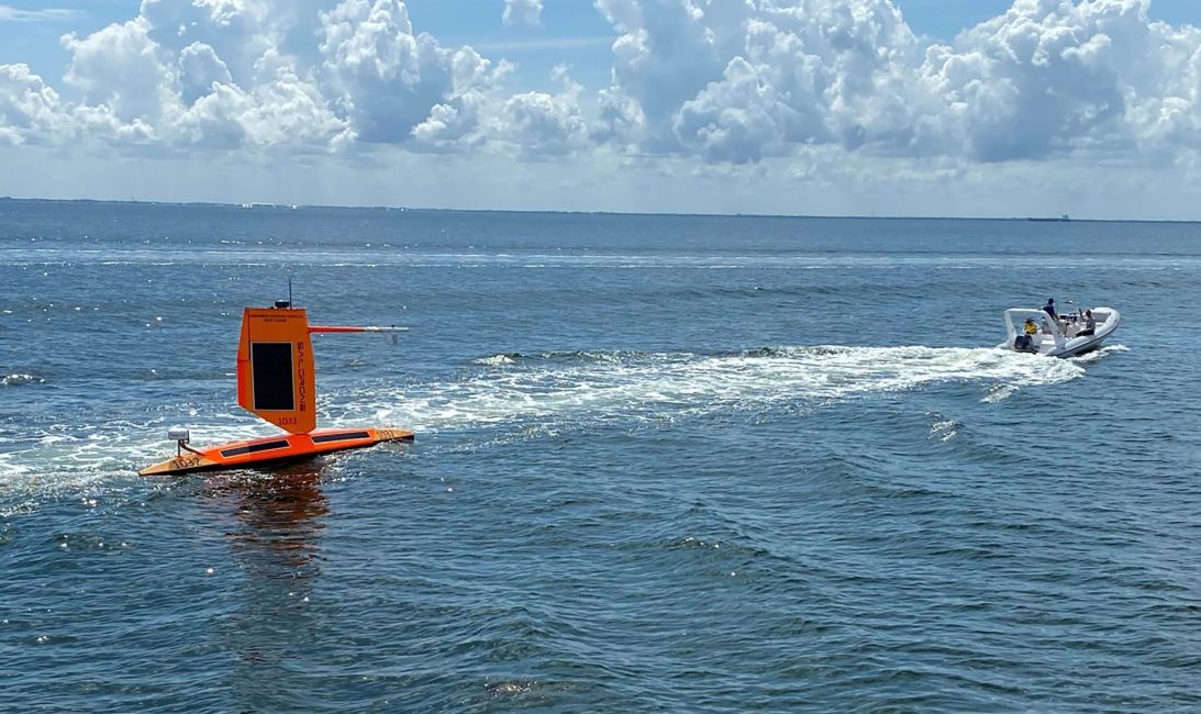 A saildrone is pulled out to launch off the coast of St. Petersburg, Florida, on August 2, 2022.
