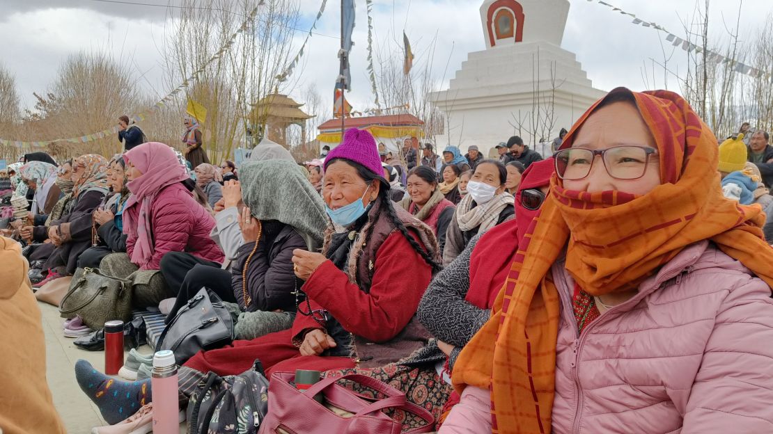 Supporters and participants of the ongoing climate fast gather in a memorial park in Leh, Ladakh.