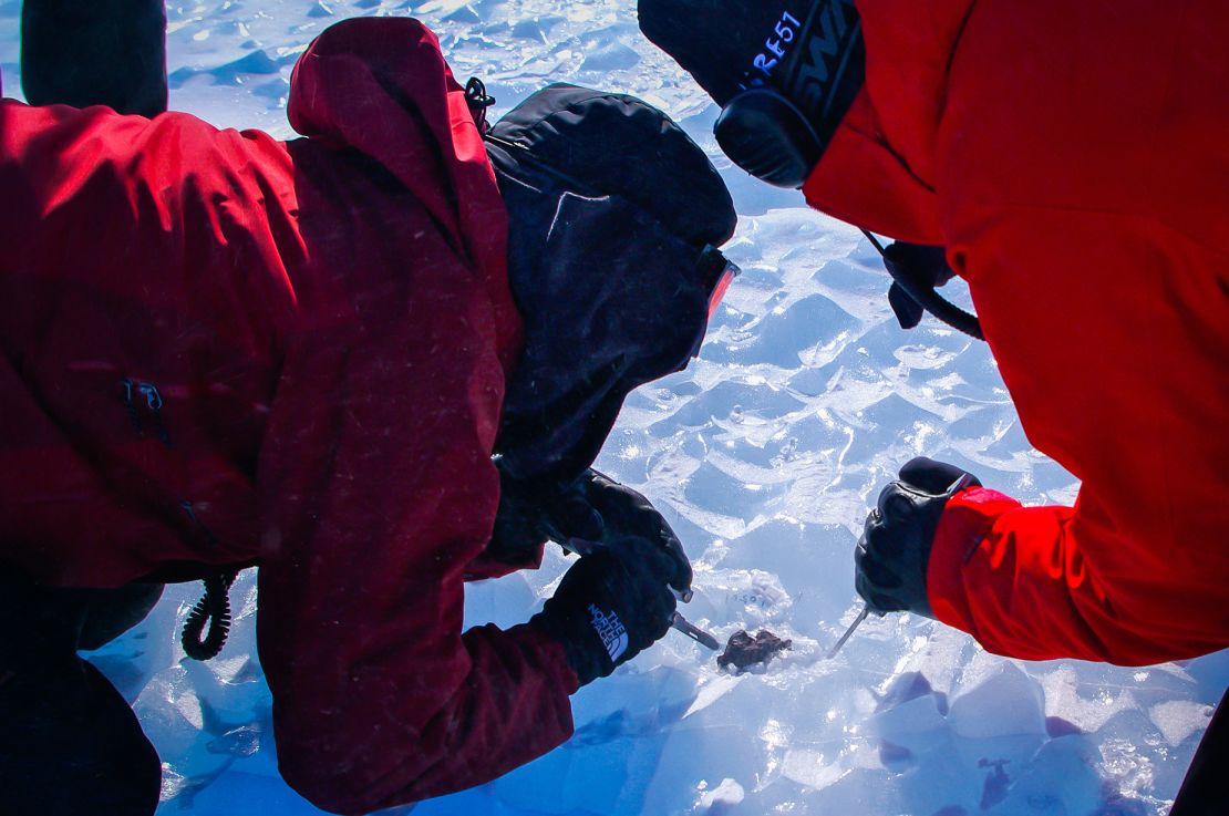 Scientists carve out a meteorite submerged under the ice during a 2009-2010 field mission to Antarctica's Balchenfjella.