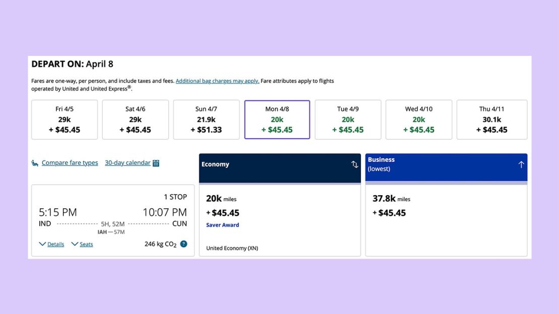 A screenshot of a United award flight from Indianapolis to Cancun