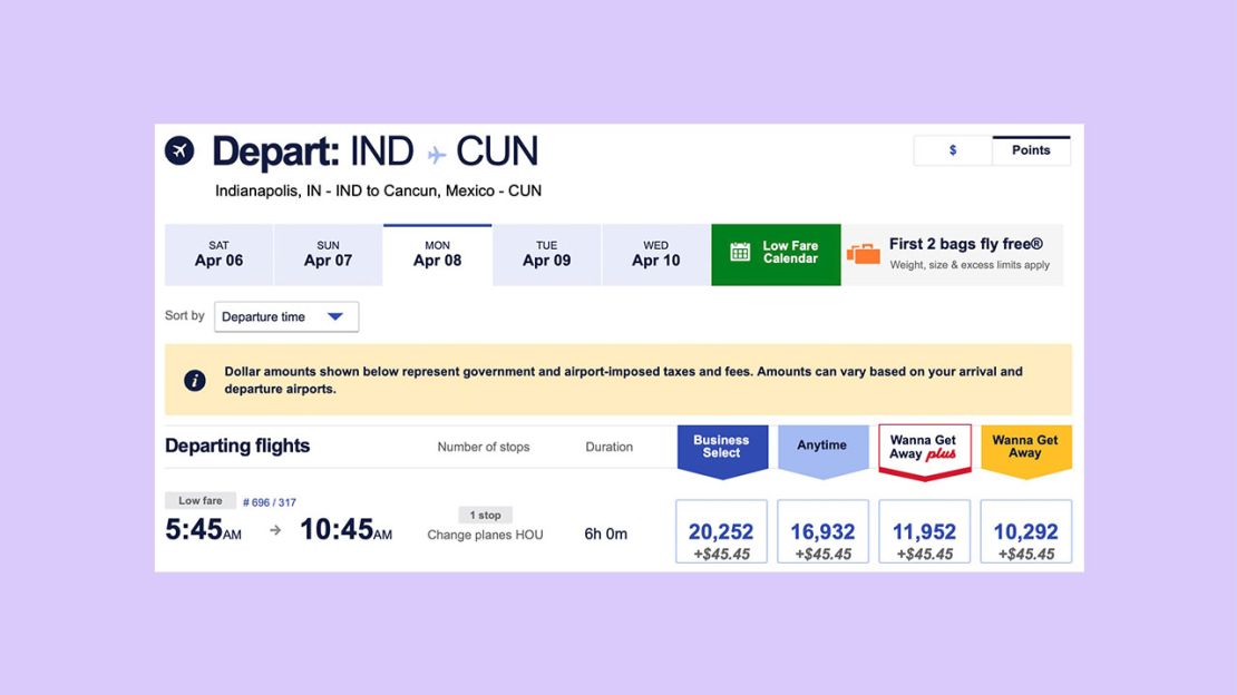 A screenshot of a Southwest award flight from Indianapolis to Cancun