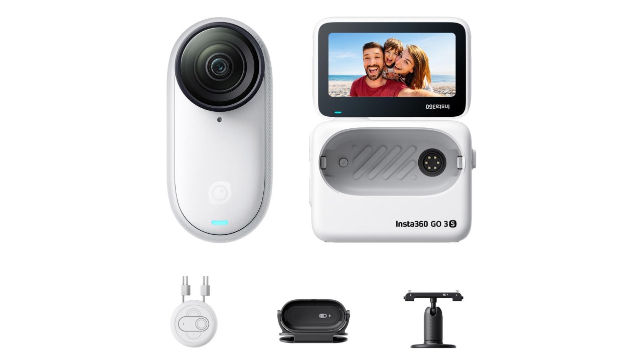Insta360 Go 3S and its accessories against a white background