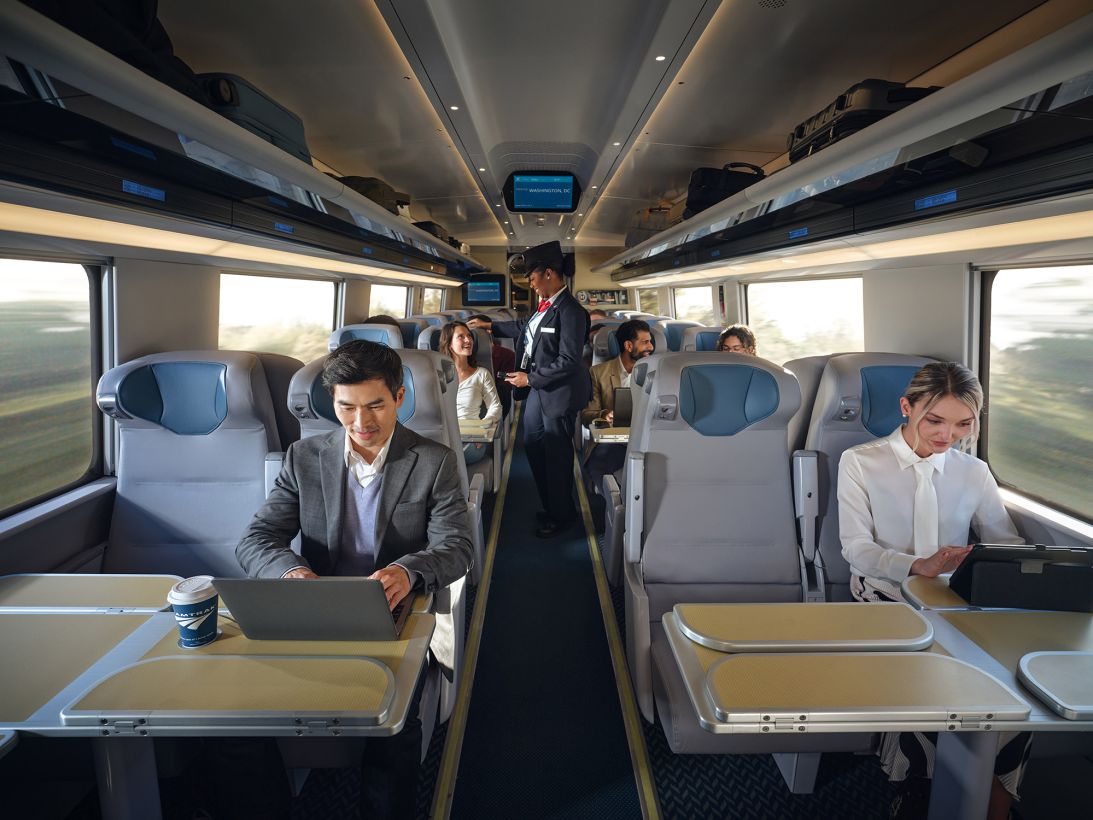Seats on the new trains have winged headrests, reading lights, individual power outlets and other upgrades for passengers.