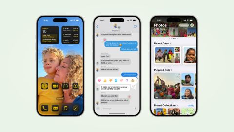 Three iPhones with new iOS 18 features (L to R) color-matched icons, the new Tapbacks in Messages and the new Photos app