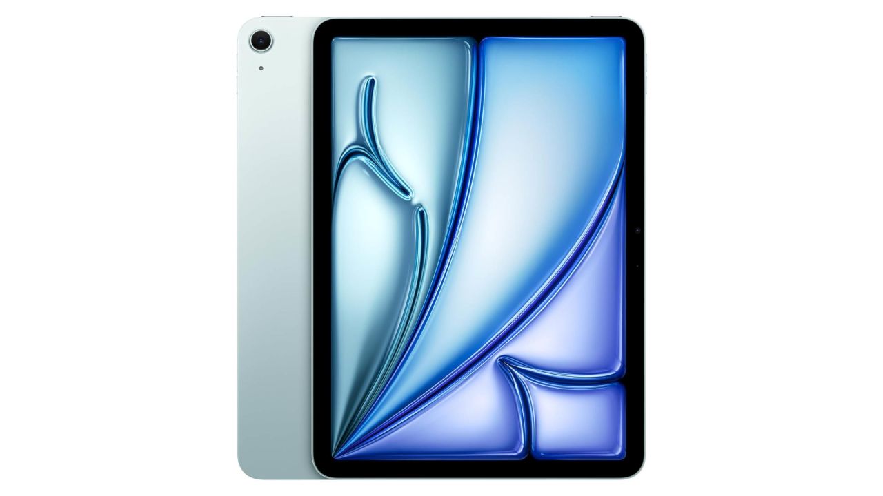 Blue iPad Air M3 seen from front and back