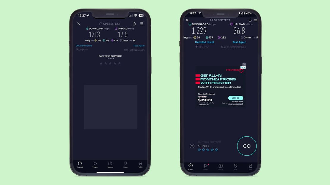 Results were encouraging for speed tests on an iPhone 15 Pro Max (left) and a Pixel 8 Pro (right).