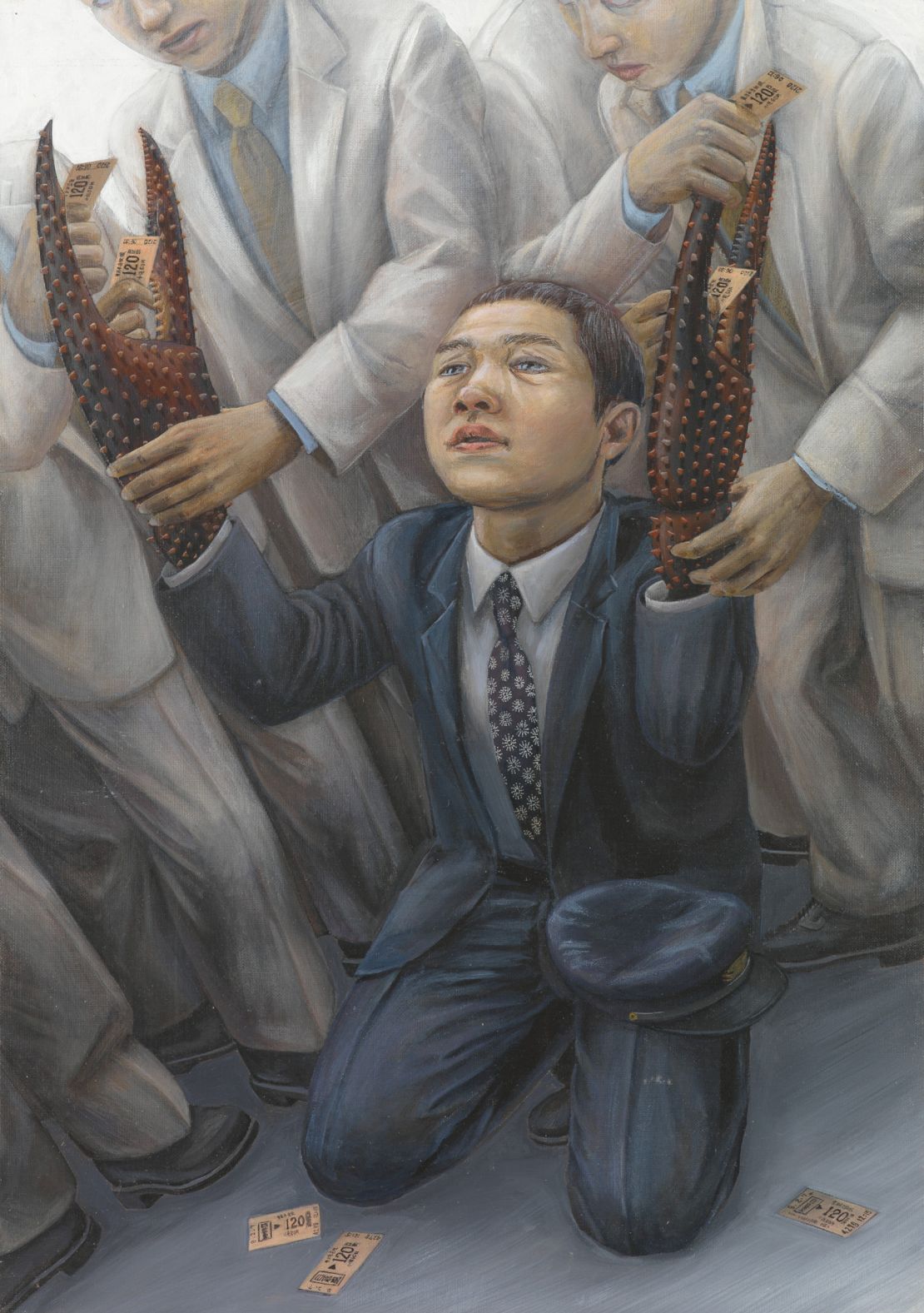 Another painting entitled "Gripe," painted by Ishidia in 1996, portrays a Japanese salaryman with lobster claws for hands.